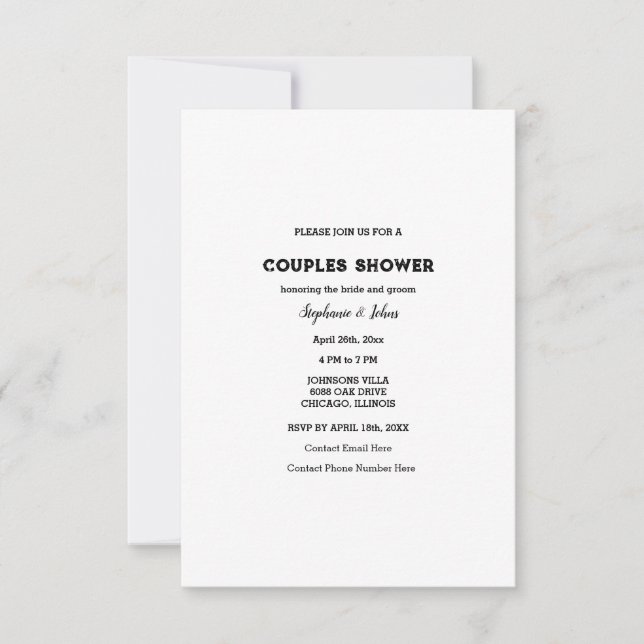 Invitación Boda simple blanco negro con duchas de la pareja d (Anverso)