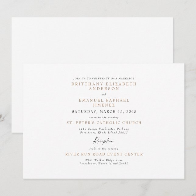 Invitación Boda Simple Blanco y Oro Sin Padres (Anverso / Reverso)