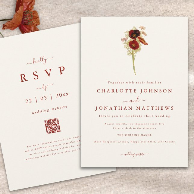 Invitación Boda Simple Boho de Flores Silvestres de Otoño (Simple wildflower burnt orange script wedding invitation with wedding website qr code)
