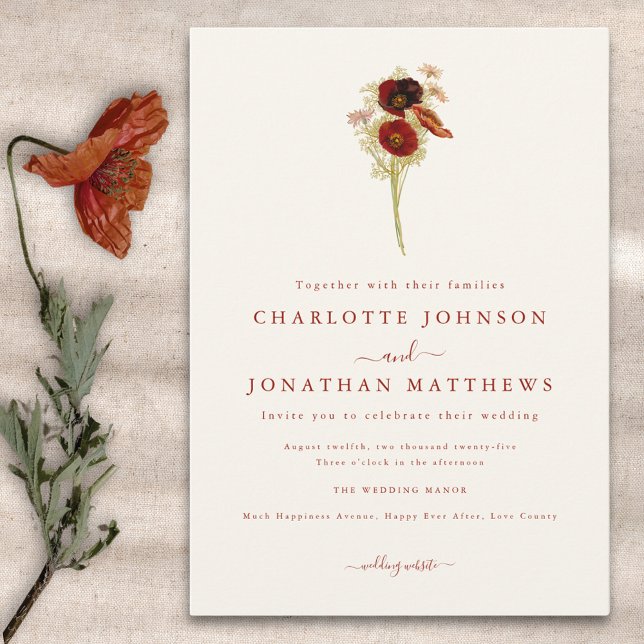 Invitación Boda Simple Boho de Flores Silvestres de Otoño (Minimalist boho wildflower fall wedding invitation in earthy tones )