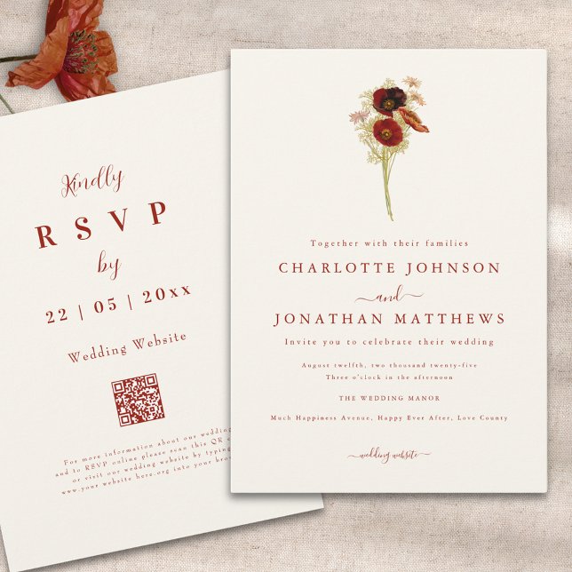 Invitación Boda Simple Boho de Flores Silvestres de Otoño (Minimalist boho wildflower fall wedding qr code invitation )
