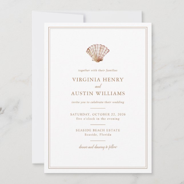 Invitación Boda Simple Clásica de Conchas de Playa (Anverso)
