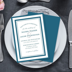 Invitación Boda Simple con Borde Azul y Blanco de Pátina Mode