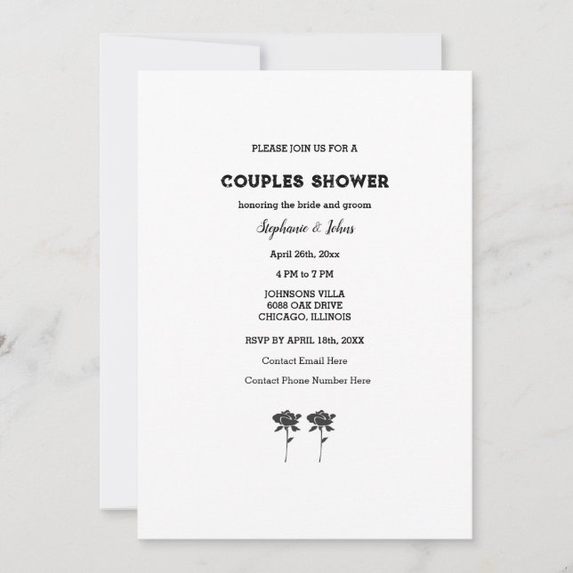 Invitación Boda simple con doble ducha Floral blanca negra (Anverso)
