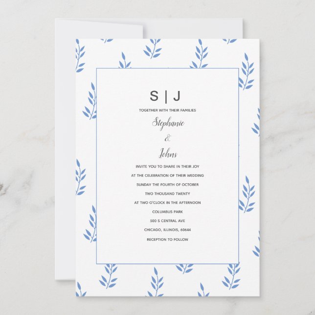 Invitación Boda simple con hoja azul de cornflower (Anverso)