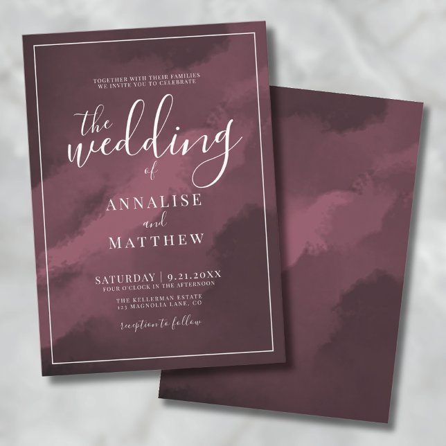 Invitación Boda Simple de Acuarela Burdeos (Classy Modern Elegant Watercolor Burgundy Wedding Invitation)