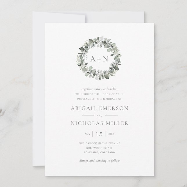 Invitación Boda Simple de Acuarela con Eucalipto (Anverso)
