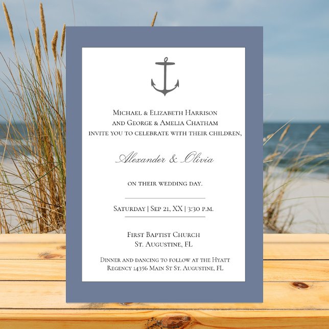 Invitación Boda simple de ancla náutica | Azul agitado (Dusty Blue Simple Nautical Anchor Wedding Invitation)