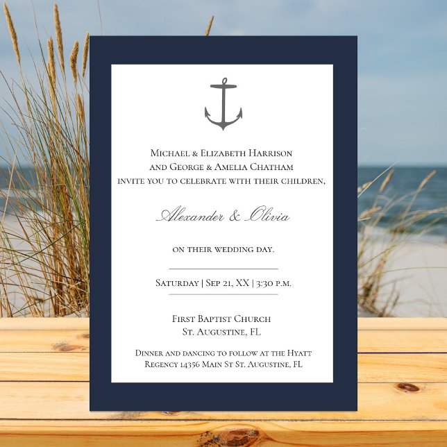 Invitación Boda simple de ancla náutica | Azul Marino (Navy Simple Nautical Anchor Wedding Invitation)