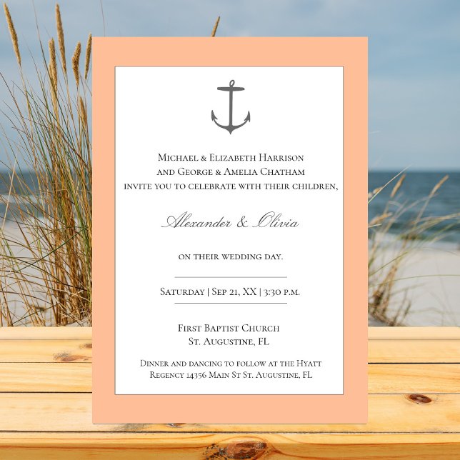 Invitación Boda simple de ancla náutica | Peach (Peach Fuzz Simple Nautical Anchor Wedding Invitation)