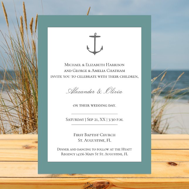 Invitación Boda simple de ancla náutica | VERDE AZULADO (Teal Simple Nautical Anchor Wedding Invitation)