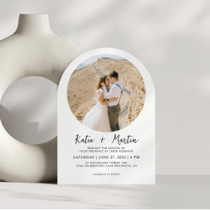 Invitación Boda simple de arco de fotos redondo blanco y negr