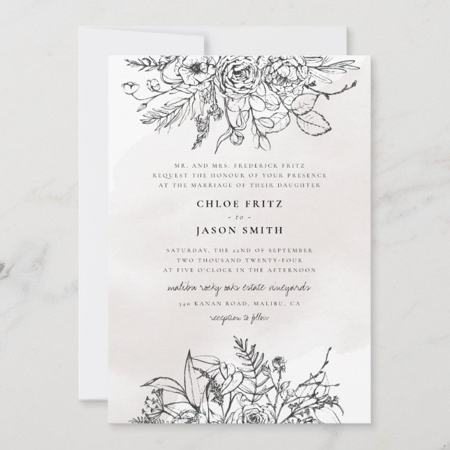 Invitación Boda simple de Black White Floral Winter Mountain  (Anverso)