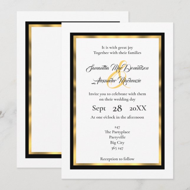 Invitación boda simple de borde negro y dorado (Anverso / Reverso)