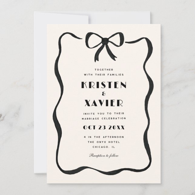 Invitación Boda simple de borde ondulado negro (Anverso)