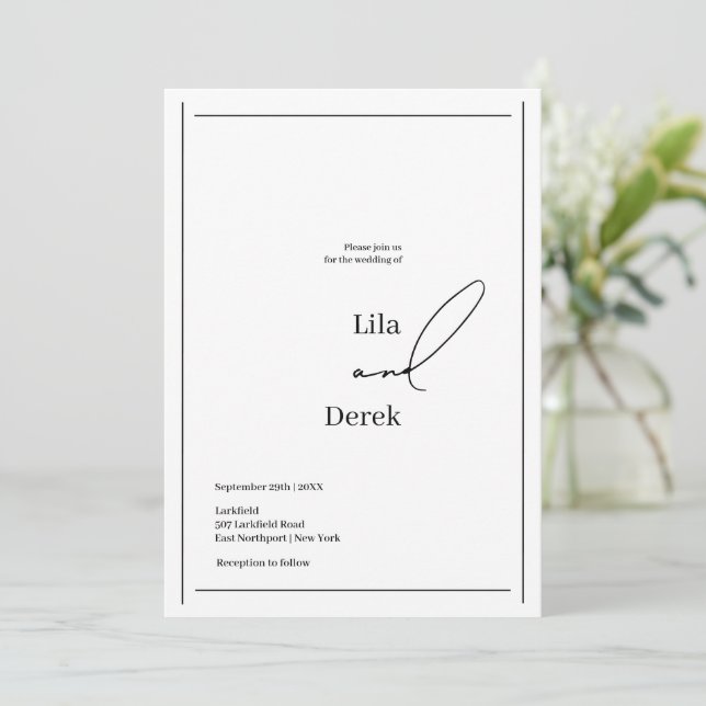 Invitación Boda simple de bordes de guiones en blanco y negro (Anverso de pie)