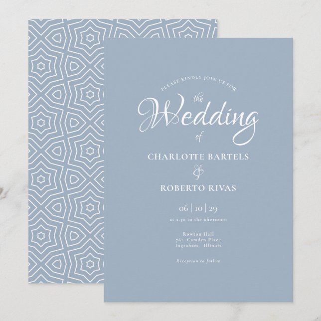 Invitación Boda simple de caligrafía azul turbia (Anverso / Reverso)