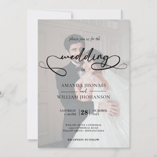 Invitación Boda simple de caligrafía de fotografías en blanco (Anverso)