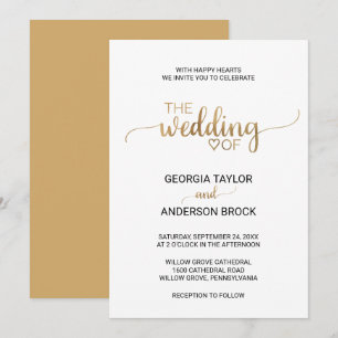 Invitación Boda simple de caligrafía de oro