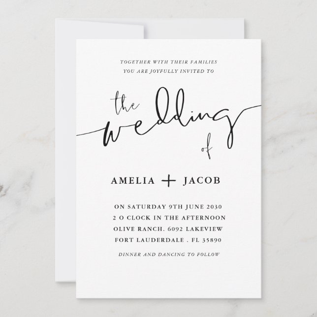 Invitación Boda simple de caligrafía en blanco y negro (Anverso)