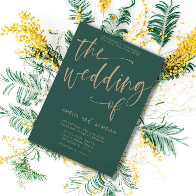 Invitación Boda simple de caligrafía verde esmeralda y oro (Subido por el creador)