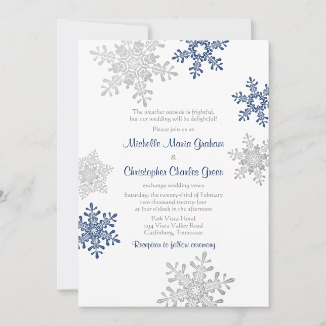 Invitación Boda simple de copo de nieve Blue Silver de la mar (Anverso)
