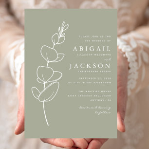 Invitación Boda Simple de Dibujo en Línea de Eucalipto Verde