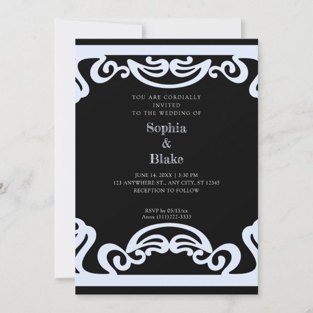 Invitación Boda simple de estilo Art Deco negro y azul (Anverso)