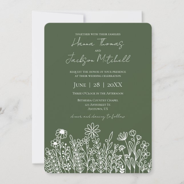 Invitación Boda simple de flor silvestre verde forestal oscur (Anverso)