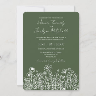 Invitación Boda simple de flor silvestre verde forestal oscur