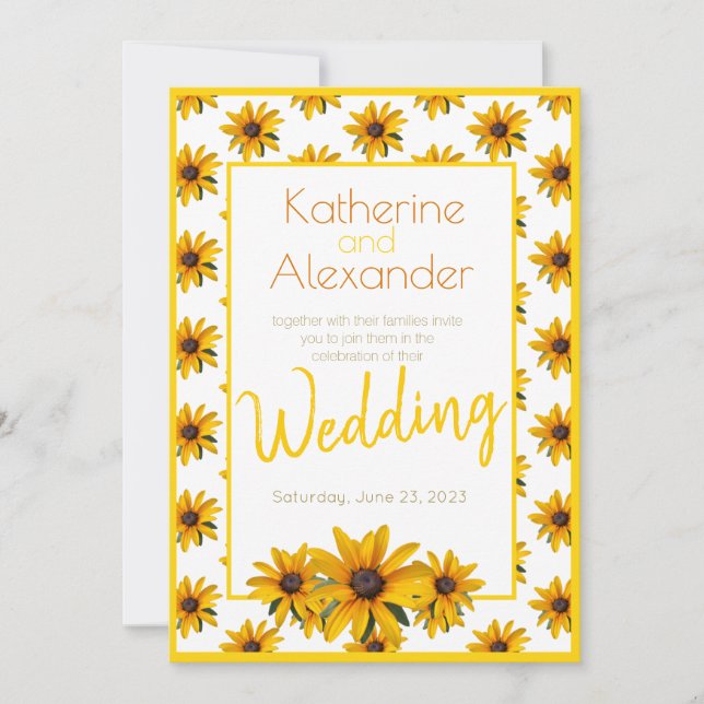 Invitación Boda simple de flores amarillo negro ojeada Susan (Anverso)