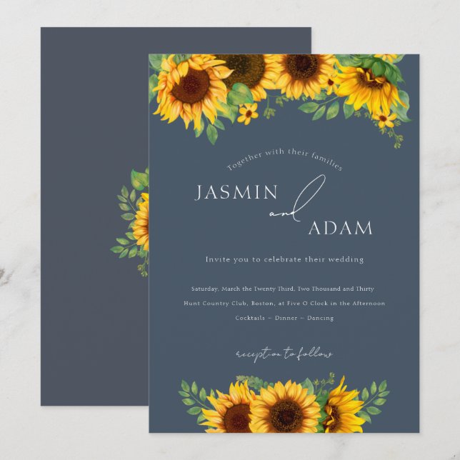 Invitación Boda simple de flores azules azules (Anverso / Reverso)