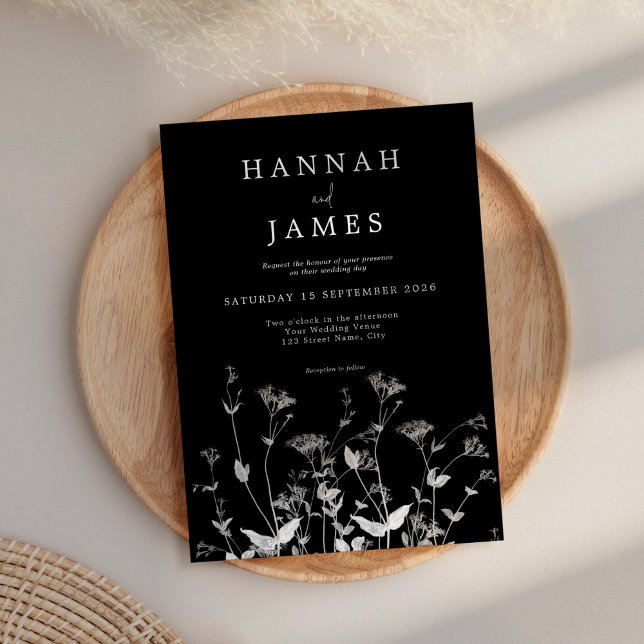 Invitación Boda simple de flores silvestres en blanco y negro (Subido por el creador)