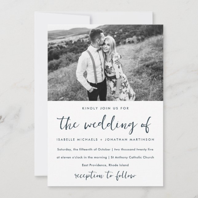 Invitación Boda simple de fotos azul mínimo (Anverso)