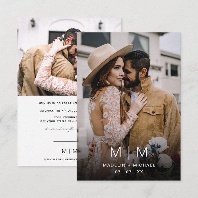 Invitación Boda simple de fotos de monograma (Anverso / Reverso)