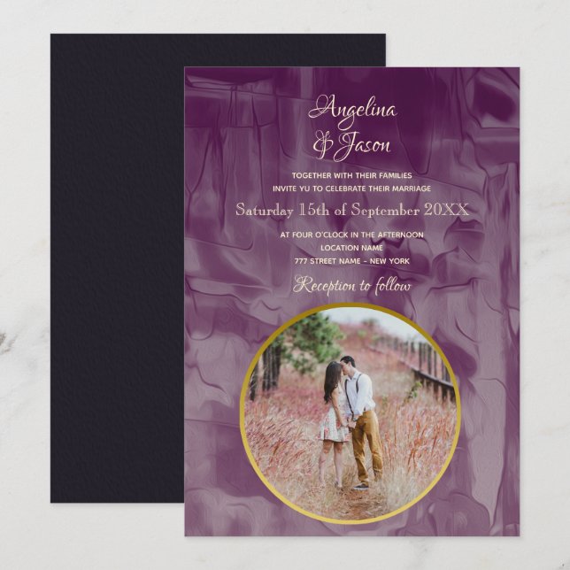 Invitación Boda simple de fotos púrpura (Anverso / Reverso)