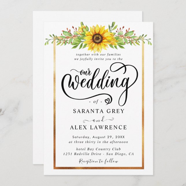 Invitación Boda simple de girasol (Anverso / Reverso)