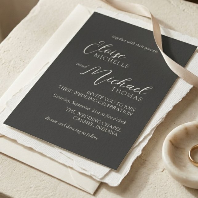 Invitación Boda Simple de Guion Clásico de Carbón (Simple Charcoal Classic Script Wedding Invitation)