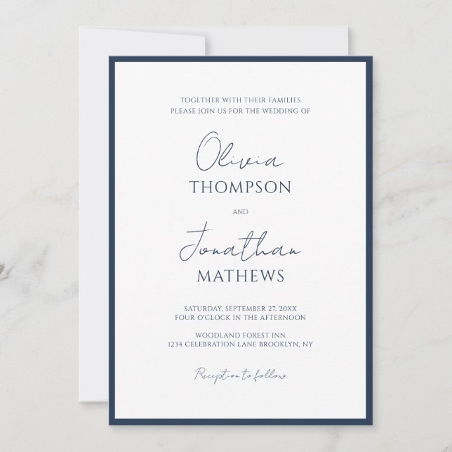 Invitación Boda simple de guiones de borde azul de la marina (Anverso)