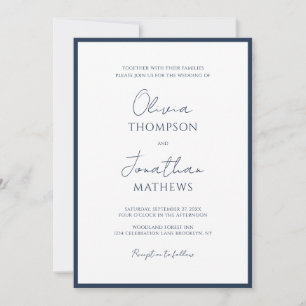 Invitación Boda simple de guiones de borde azul de la marina