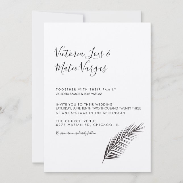 Invitación Boda Simple de Hoja de Palma Dibujada a Mano (Anverso)