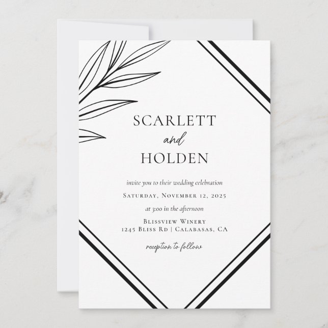 Invitación Boda simple de hojas blancas y negras (Anverso)