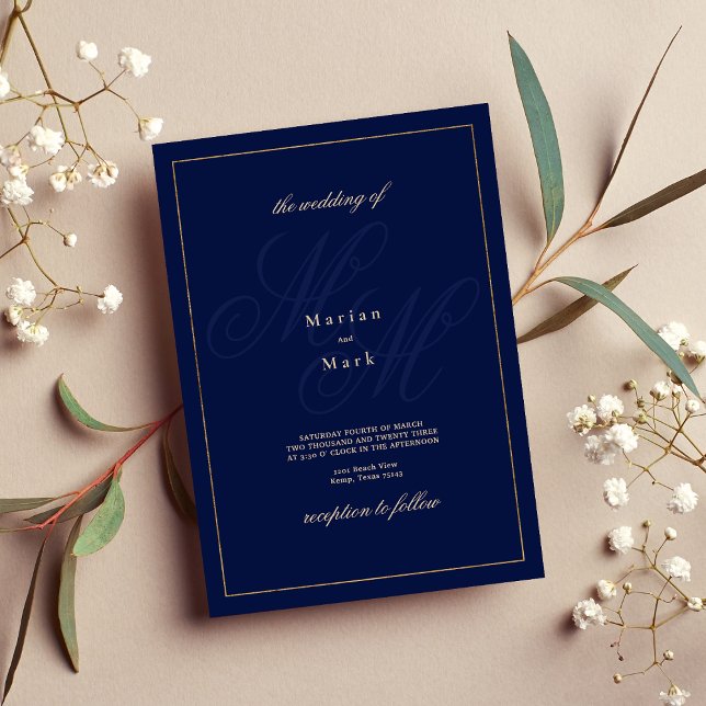 Invitación Boda simple de iniciales en monograma de oro azul  (Simple navy blue gold monogram initials Wedding )