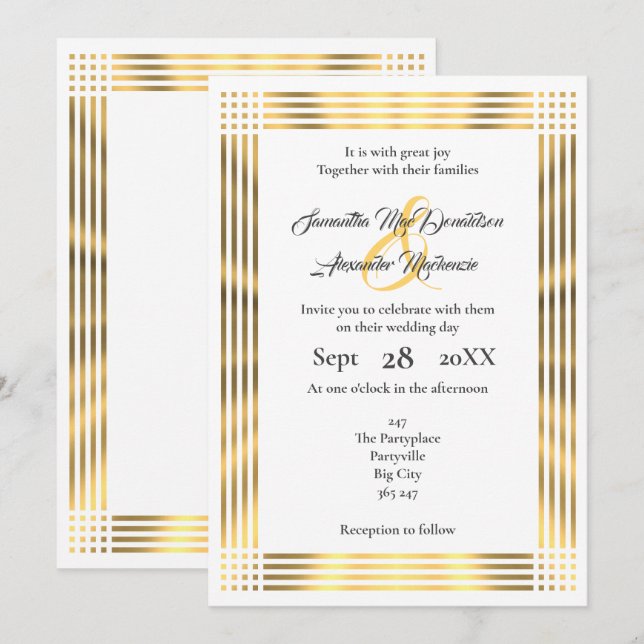 Invitación boda simple de la frontera dorada (Anverso / Reverso)