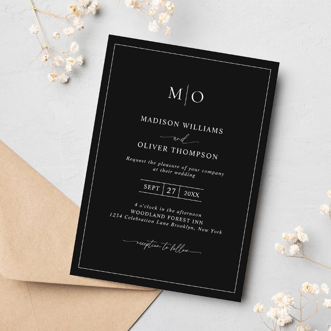 Invitación Boda simple de monograma de borde cuadrado blanco  (Subido por el creador)