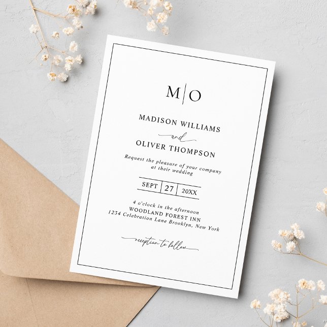 Invitación Boda simple de monograma de borde cuadrado blanco  (Subido por el creador)
