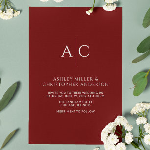 Invitación Boda simple de monograma rojo de Crimson
