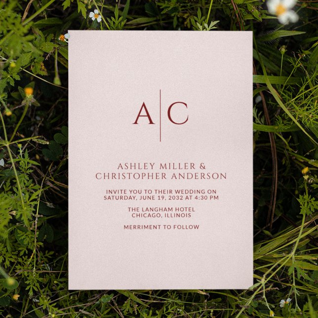 Invitación Boda simple de monograma rojo y Rosa (Subido por el creador)