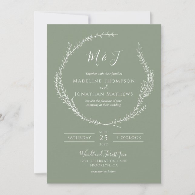Invitación Boda simple de monograma verde de salvia simple bo (Anverso)