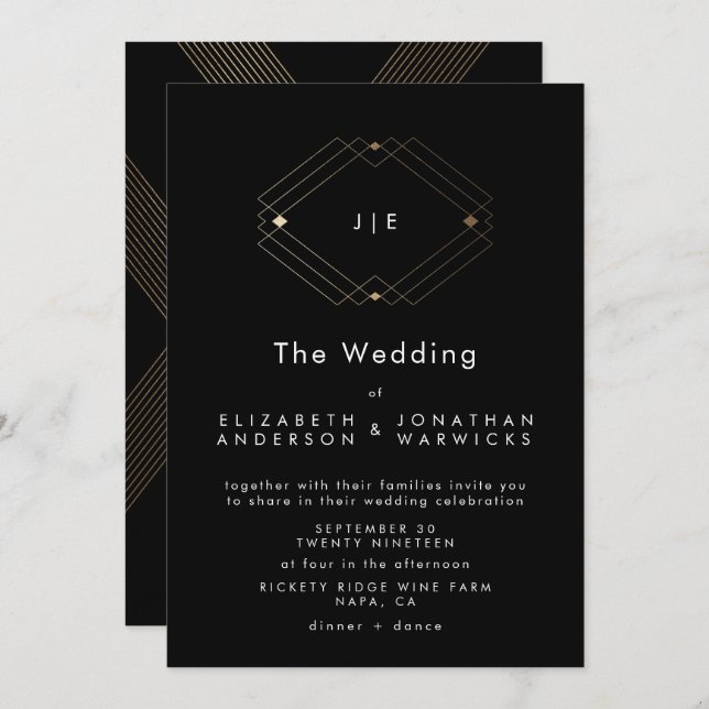 Invitación Boda simple de oro geométrico moderno negro (Anverso / Reverso)